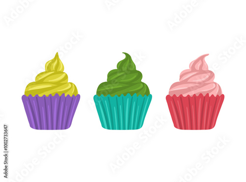 Three colored cupcakes on a white background. Vector illustration