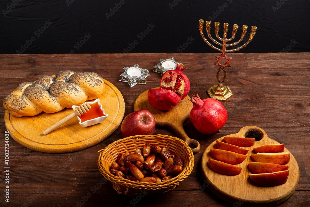 Challah, honey, apple and pomegranate and burning candles on wooden table with menorah Rosh Hashanah day Challah, honey, apple and pomegranate and burning candles on wooden table with menorah Rosh Hashanah day