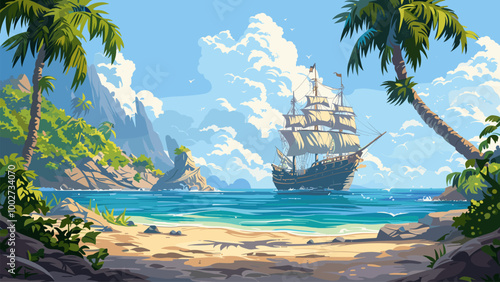 Ship seascape. Sailboat in sea island tropical paradise nature blue sky landscape, old adventure pirate boat travel beach coast palm background vector illustration