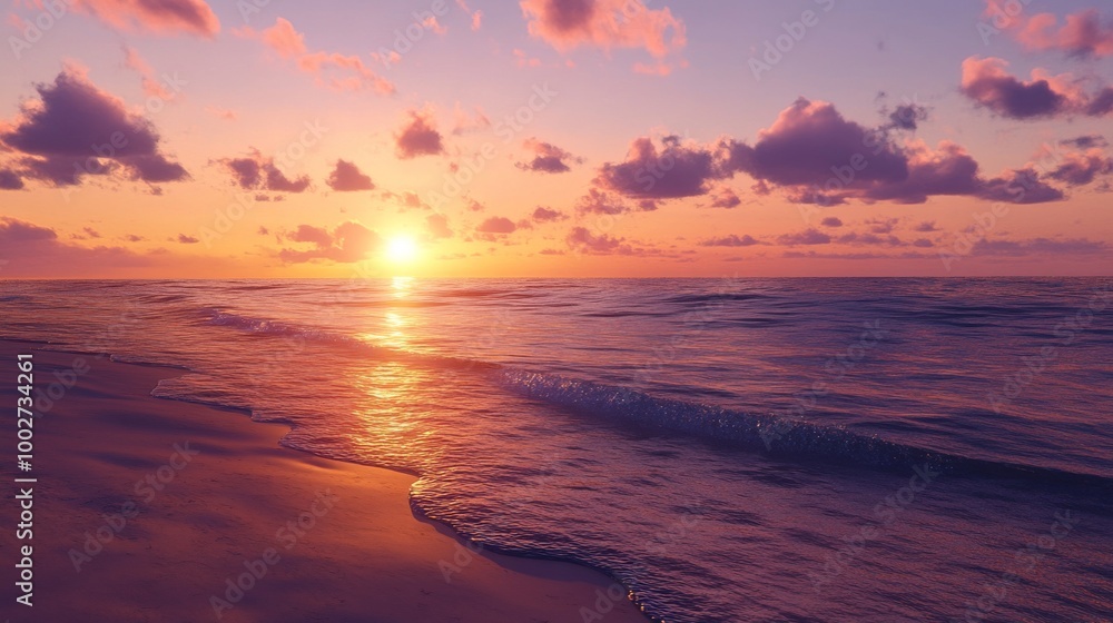 Obraz premium Sunset beach scene, the sky transitioning from orange to deep purple