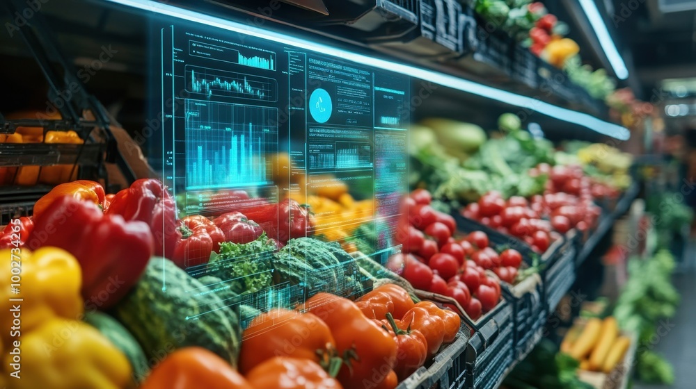 Fototapeta premium AI technology monitoring the packaging of fresh organic produce, with a hologram overlay displaying data in a high-tech food industry setting.
