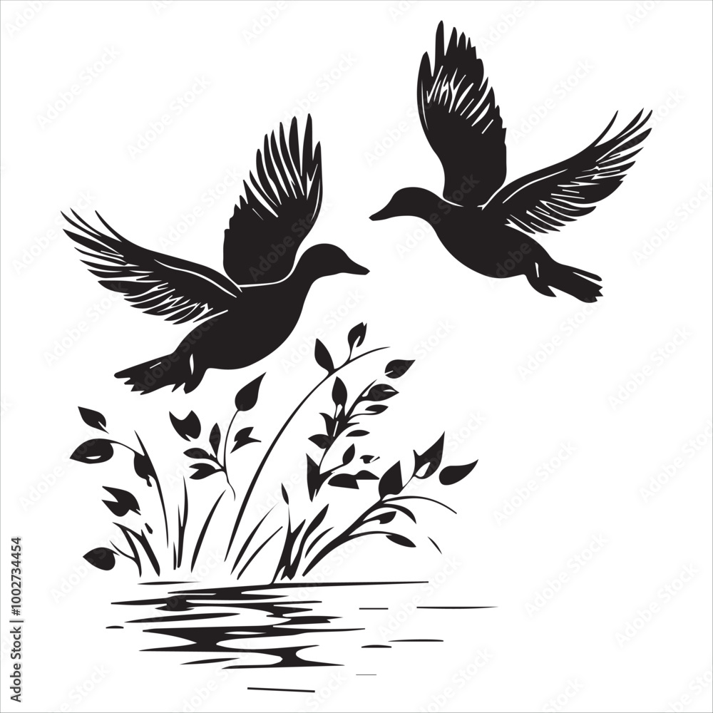 Fototapeta premium silhouette of a duck,bird, swan, animal, duck, goose, illustration, vector, silhouette, nature, cartoon, water, beak, icon, black, wild, lake, drawing, wildlife, birds, design, feather, love, art, sym