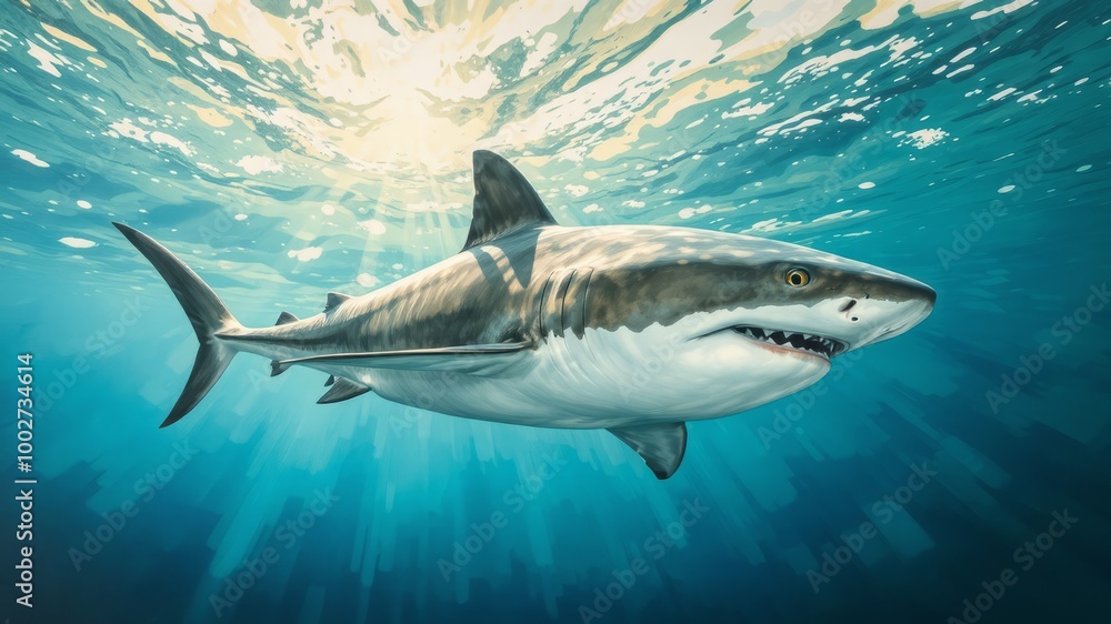 Fototapeta premium A majestic whitetip shark glides serenely just below the water's surface, its rounded fins cutting a sharp silhouette