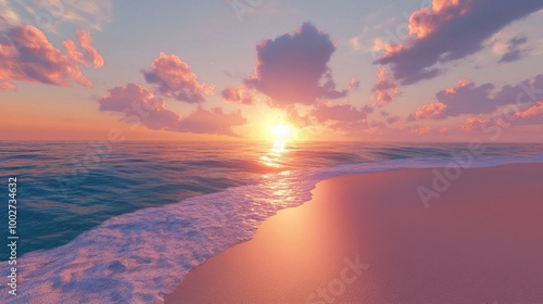 Sunset on a quiet beach, the sky ablaze with vibrant colors photo