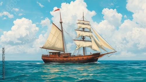 A majestic vessel plies the calm, turquoise waters, its sturdy hull, billowing sails, and mast silhouetted against a