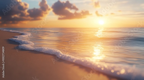 Sunset over a tranquil beach, warm light reflecting on the clear water