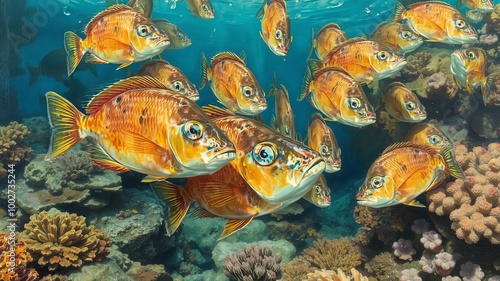 A school of fish swim together in the calm waters of a coastal reef, with a group of photo