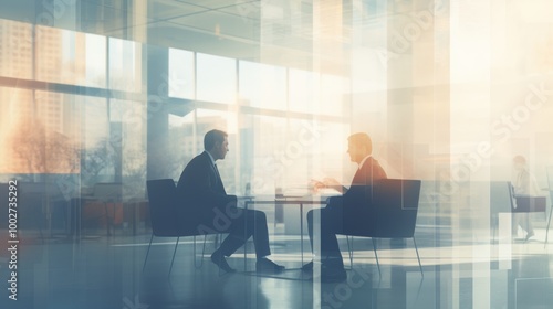 A blurred scene of two businessmen having an office conversation, capturing the essence of a corporate discussion and mutual engagement.