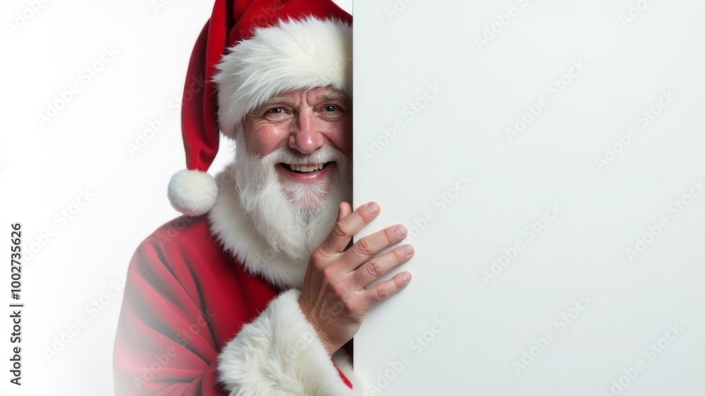 Charismatic Santa Claus peeks out from behind a large empty white board and smiles at the camera, pointing to your advertisement with his hand. Place for text Charismatic Santa Claus peeks out from behind a large empty white board and smiles at the camera, pointing to your advertisement with his hand. Place for text