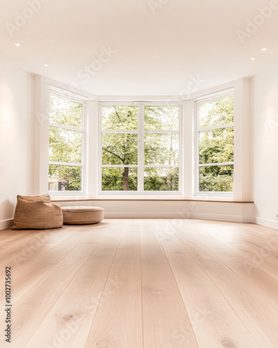 Bright and airy living room with large bay windows overlooking a lush garden in a modern home during daytime