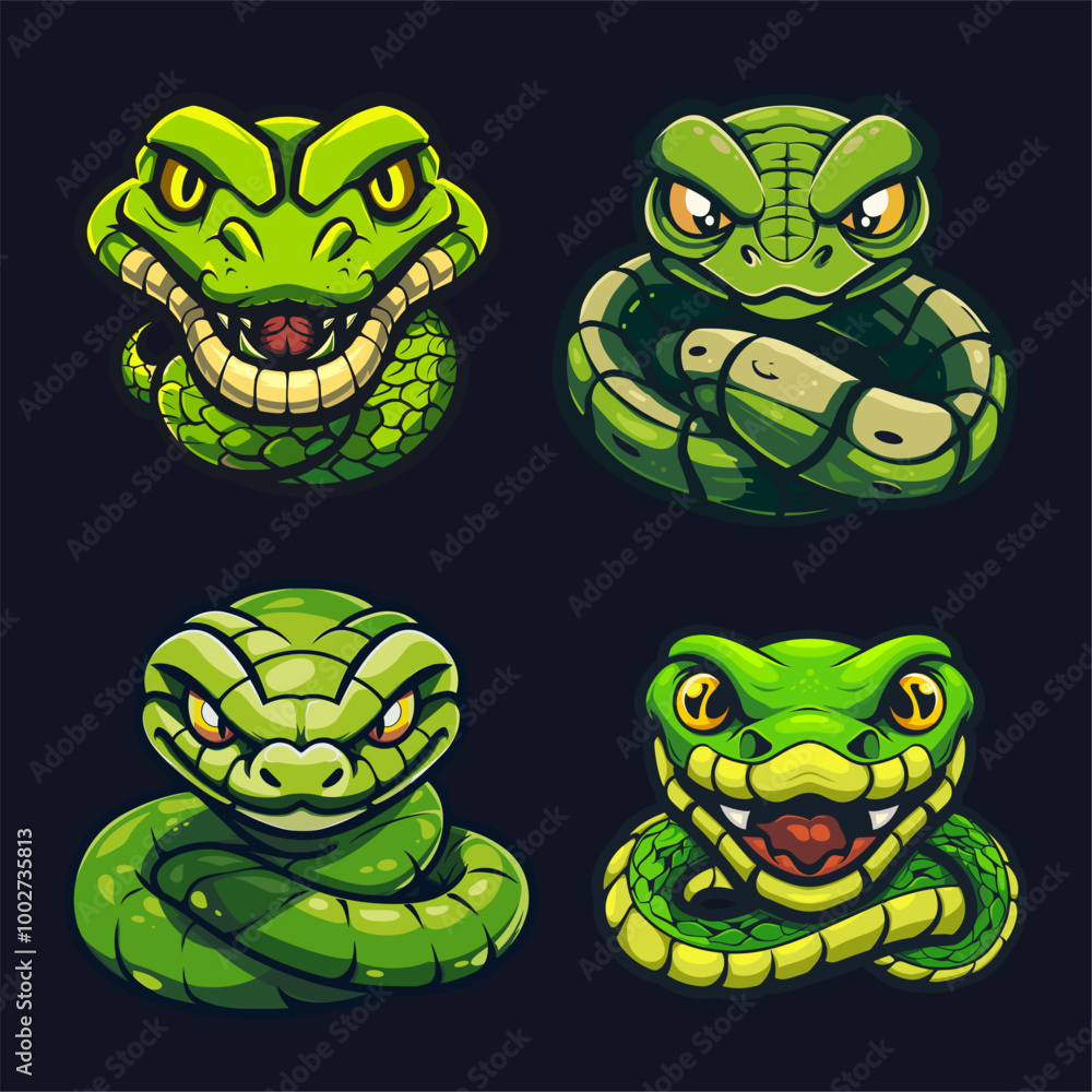 Obraz premium Snake game logos. Snakes cartoon mascot of sport gaming team emblem, wild angry serpent head poison reptile venom viper school football club badge vector illustration