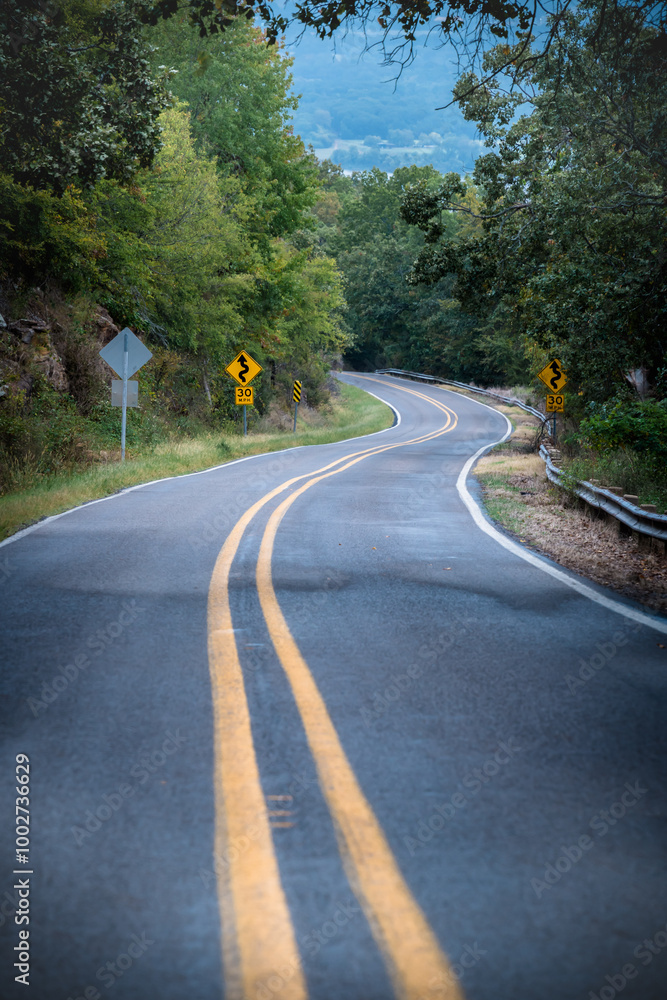 Obraz premium Curvy and hilly highway in the Arkansas forest