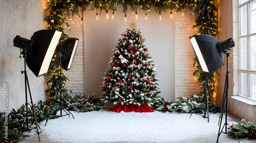 Beautifully decorated Christmas tree with vibrant ornaments garlands and soft lighting perfect for capturing cozy holiday memories in a studio photography setup photo