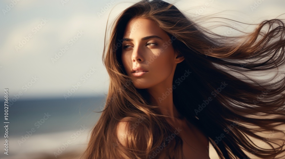 A stunning brunette with long flowing hair embraces the coastal breeze, her hair and expression epitomizing natural beauty and freedom. A stunning brunette with long flowing hair embraces the coastal breeze, her hair and expression epitomizing natural beauty and freedom.