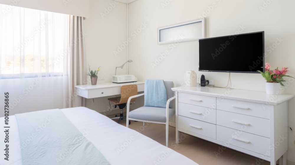 A serene bedroom featuring a single bed, white wooden furniture, and minimalistic decor, creating a peaceful and inviting atmosphere. A serene bedroom featuring a single bed, white wooden furniture, and minimalistic decor, creating a peaceful and inviting atmosphere.