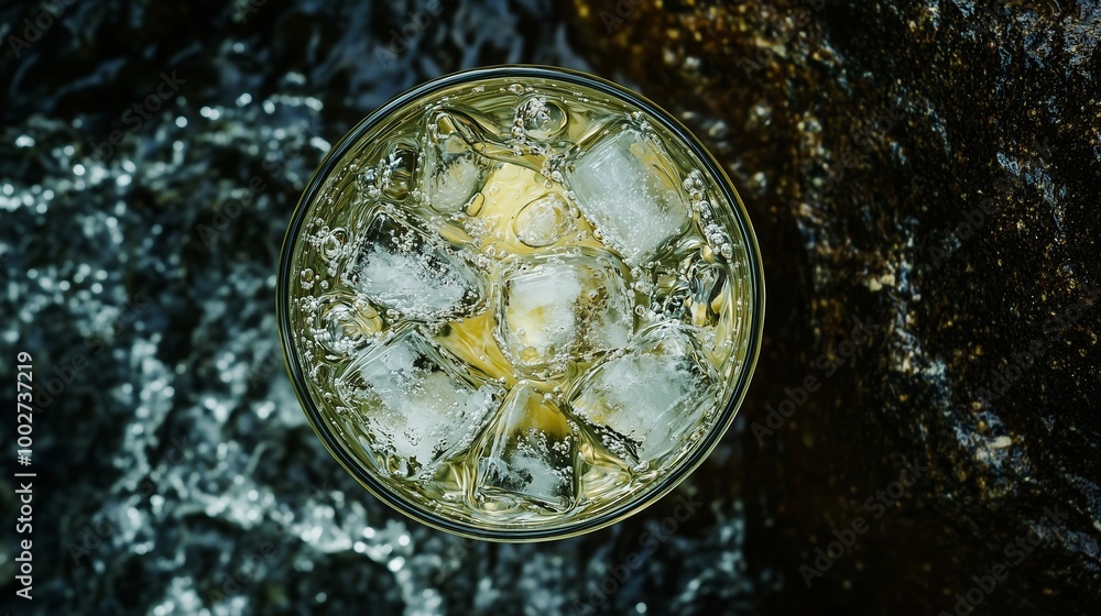 Obraz premium Refreshing drink with ice cubes sits on a rocky surface near flowing water on a sunny day in nature