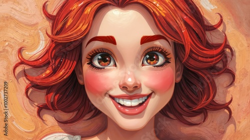 A vibrant, 3D cartoon illustration of a bright-eyed, red-haired woman posing in a cheerful manner, surrounded by soft,