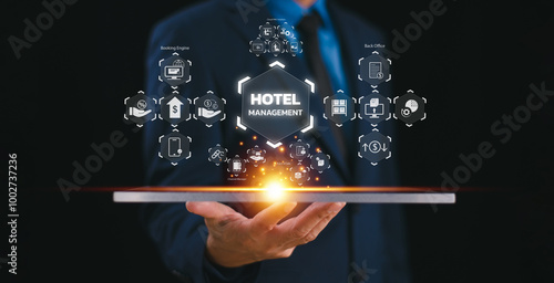 Hotel service management system concept. Digital network business investment technology. Businessman use Property Management System, PMS cloud solution icon. Apartment hospitality software