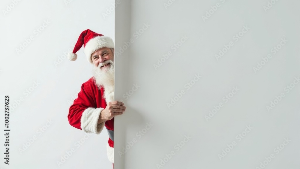 Charismatic Santa Claus peeks out from behind a large empty white board and smiles at the camera, pointing to your advertisement with his hand. Place for text Charismatic Santa Claus peeks out from behind a large empty white board and smiles at the camera, pointing to your advertisement with his hand. Place for text