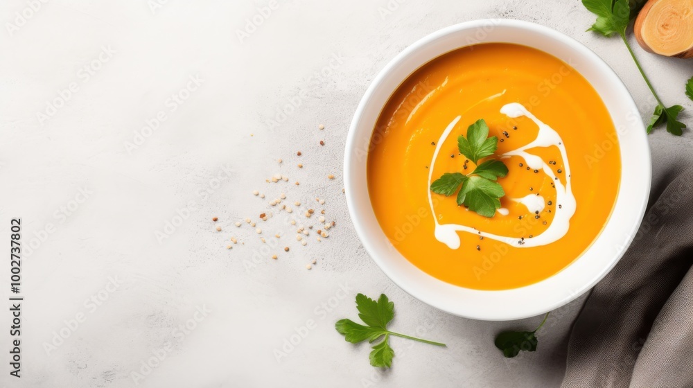 An aerial view of creamy sweet potato soup garnished with herbs, displayed in a white ceramic bowl, evoking warmth and comfort. An aerial view of creamy sweet potato soup garnished with herbs, displayed in a white ceramic bowl, evoking warmth and comfort.