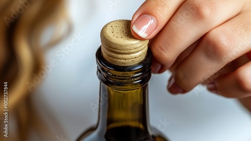 Close-up of hand opening a bottle with a cork in focus photo