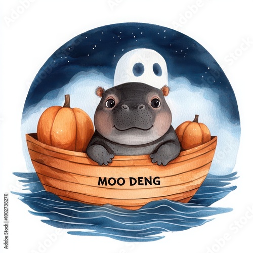 Hippo in a boat with pumpkins under a spooky sky. photo