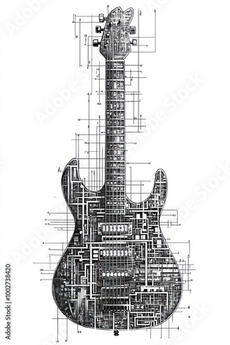 A black and white illustration of a guitar, overlaid with a schematic diagram of electronic circuitry. photo