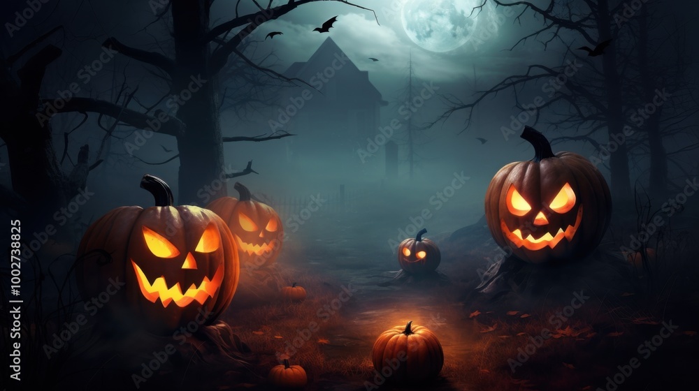 A haunting Halloween scene with glowing jack-o'-lanterns, eerie ghosts, and a full moon casting an ominous ambiance over a foggy, dark night. A haunting Halloween scene with glowing jack-o'-lanterns, eerie ghosts, and a full moon casting an ominous ambiance over a foggy, dark night.