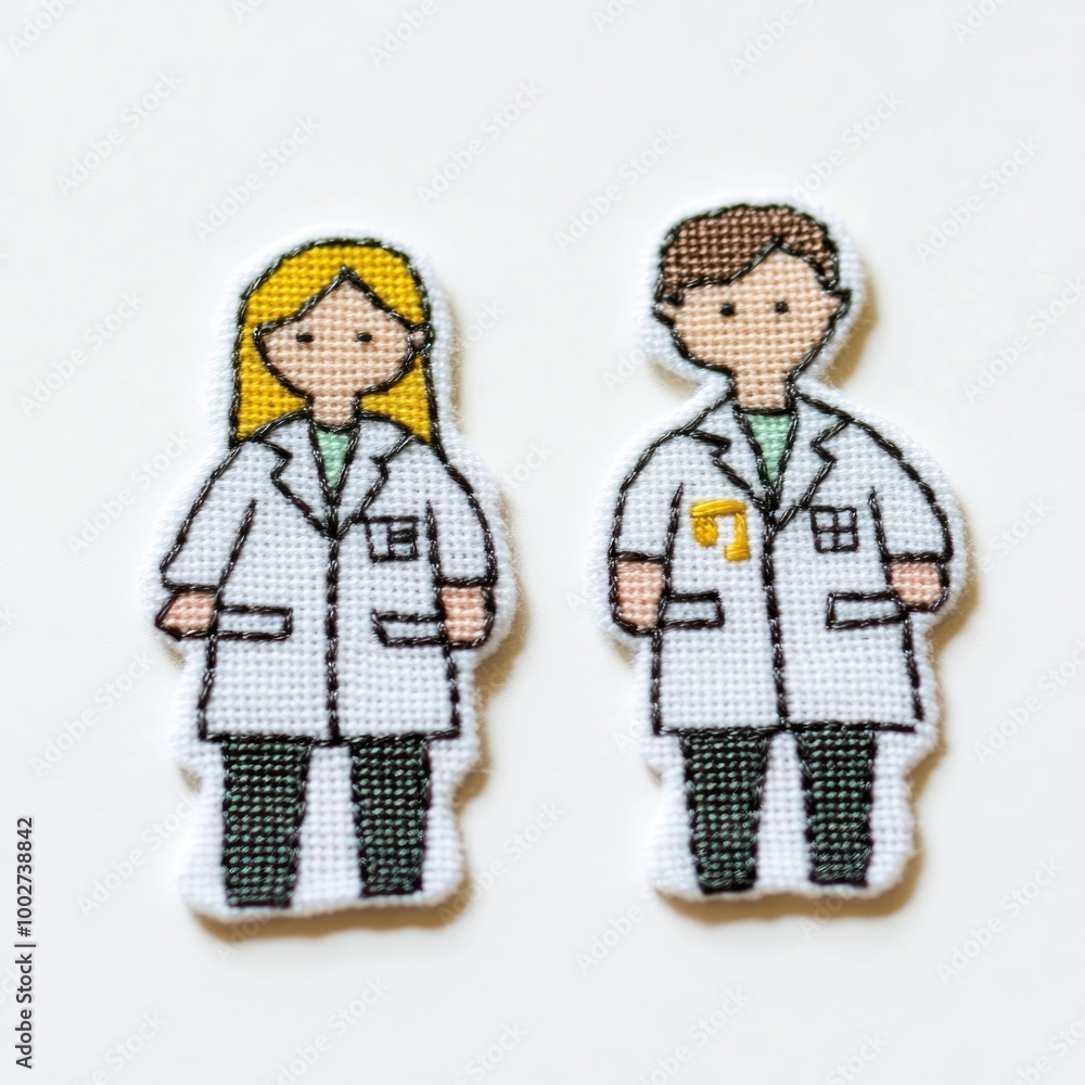 Two embroidered figures of doctors, a woman with blonde hair and a man with brown hair, in white coats on a white background. Two embroidered figures of doctors, a woman with blonde hair and a man with brown hair, in white coats on a white background.