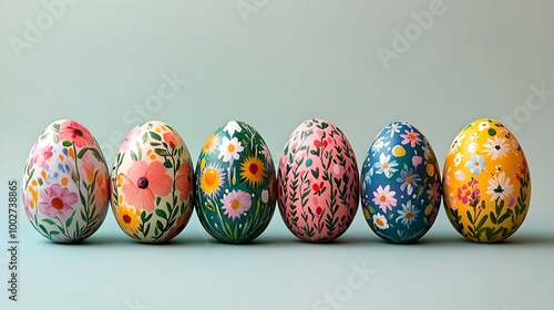 Beautifully handpainted Easter eggs adorned with playful floral designs and vivid springtime colors creating a joyful and cheerful holiday atmosphere