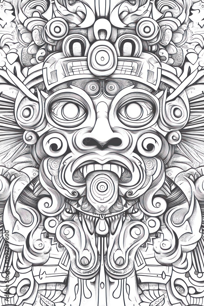 A detailed black and white illustration of a Mayan god with intricate designs and patterns. A detailed black and white illustration of a Mayan god with intricate designs and patterns.