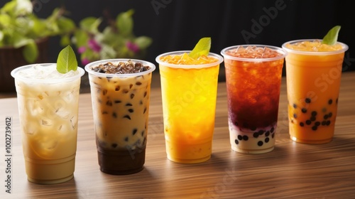 A variety of milk teas in different flavors and toppings, displayed in a row, showcasing a colorful and inviting selection to satisfy diverse cravings.