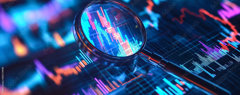Magnifying glass over digital data visualization and dashboard for data analysis Magnifying glass over digital data visualization and dashboard for data analysis