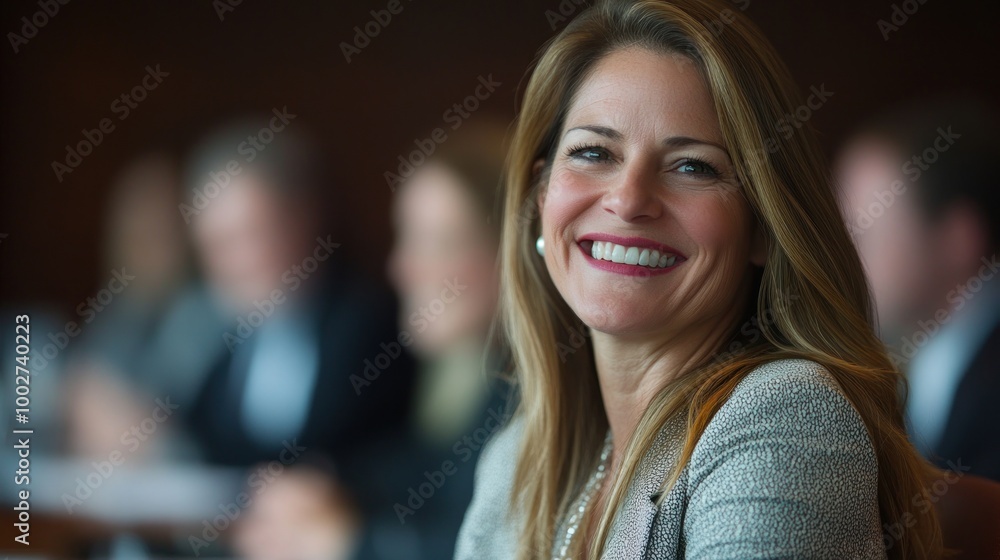Closeup of a woman smiling in a meeting. Closeup of a woman smiling in a meeting.
