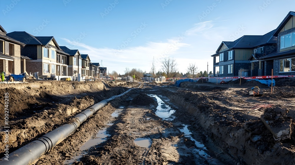 Wide-Angle View of Newly Constructed Residential Area with Visible Pipe Installation Wide-Angle View of Newly Constructed Residential Area with Visible Pipe Installation