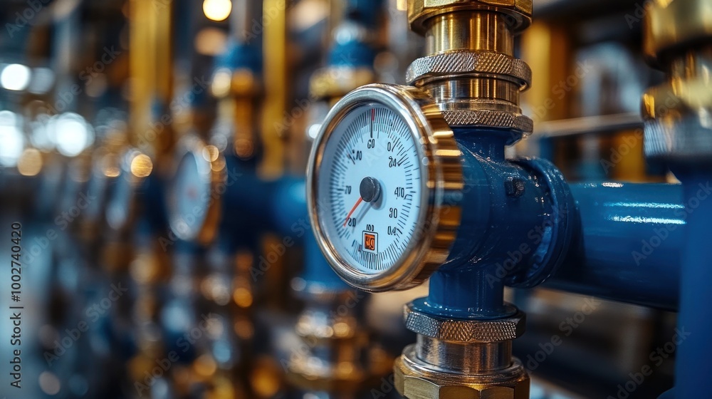 Closeup of a pressure gauge on a blue pipe Closeup of a pressure gauge on a blue pipe