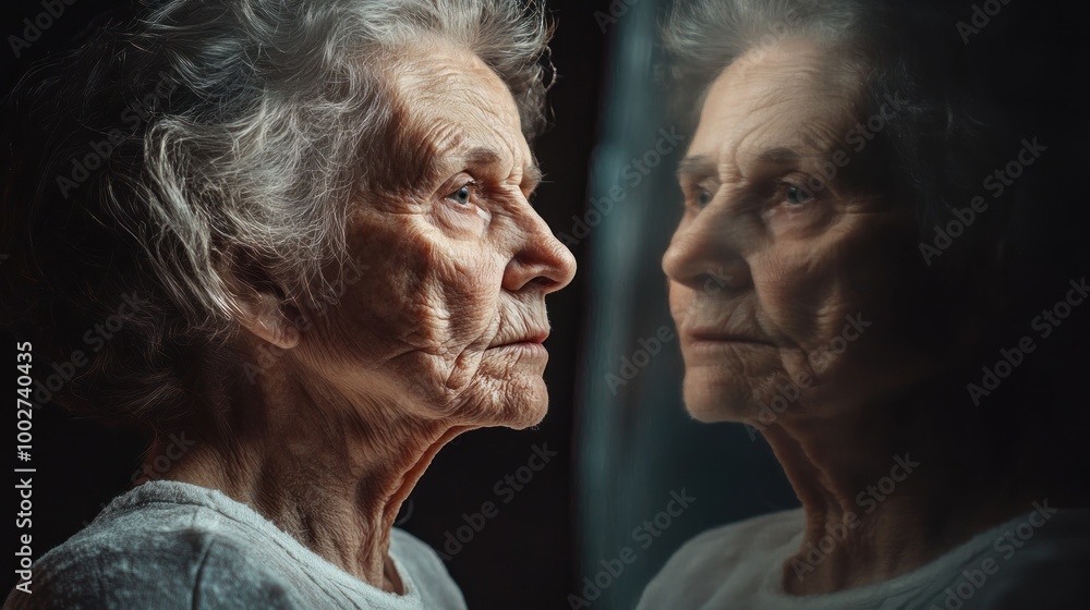 Elderly woman looking out a window, with her reflection. Elderly woman looking out a window, with her reflection.