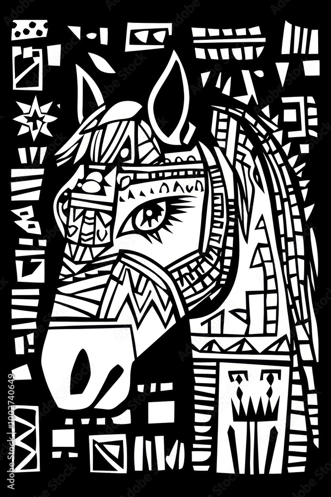 Fototapeta premium Black and white illustration of a horse's head with a geometric pattern.