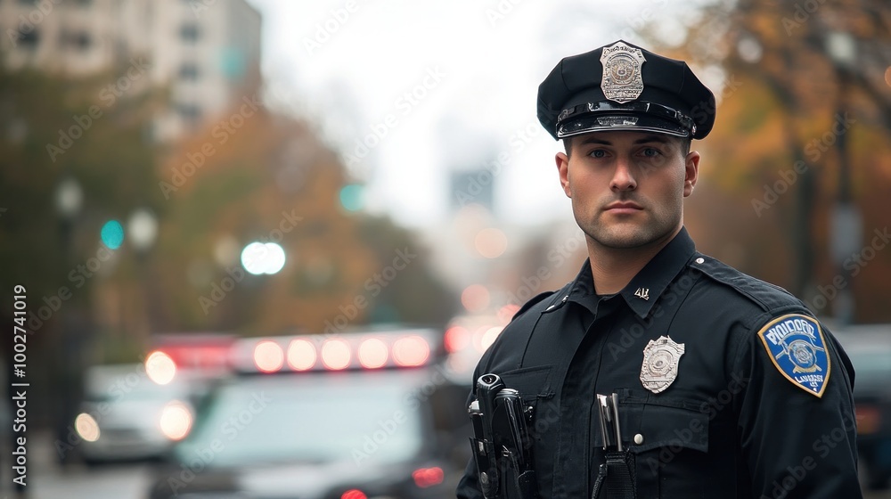 A police officer in uniform stands on a city street with a blurred out background of a police car. A police officer in uniform stands on a city street with a blurred out background of a police car.