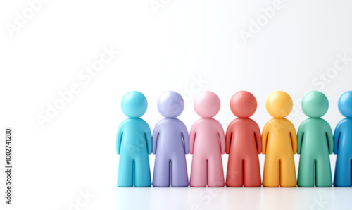 Row of colorful figurines standing together on a white background, symbolizing unity and diversity.