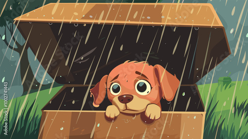 Stray dog in rain. Lost puppy at cardboard box alone rainy street, cartoon pet adoption charity concept, hungry lonely sad doggy canine animal vector illustration