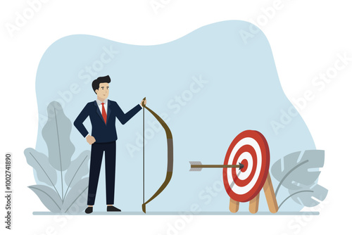 Target success, goal achieved, successful businessman succeeds in shooting the target. Business vector illustration.