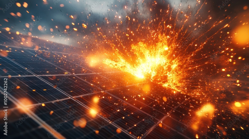 Obraz premium Fire explosion on solar panel surface with sparks and smoke.