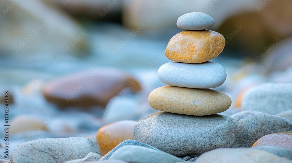 Fototapeta premium Stack of smooth gray and yellow stones on a pebble beach.