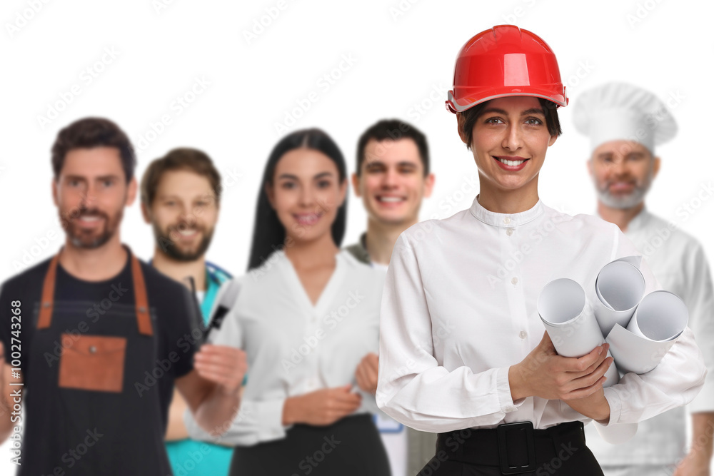 Engineer and people of other professions on white background, selective focus Engineer and people of other professions on white background, selective focus