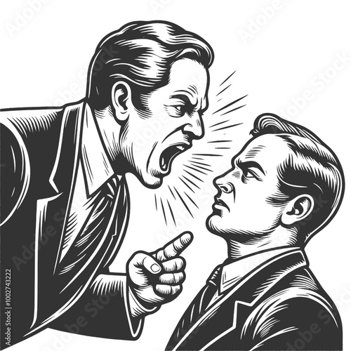 furious boss yelling at a calm employee, workplace conflict or confrontation sketch engraving generative ai fictional character vector illustration. Scratch board imitation. Black and white image.