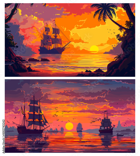 Sunset harbor. Boats standing in old mediaeval port pirate sailboat evening ocean nature pink red sky landscape vector illustration