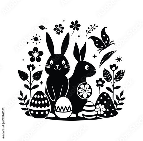 A black and white drawing of a egg with a bunny in the background