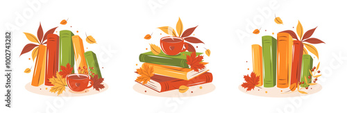 Books, cup coffee or tea with autumn leaves. Set of reading elements for  bookshop, library, bookstore or education. Vector illustration on white background
