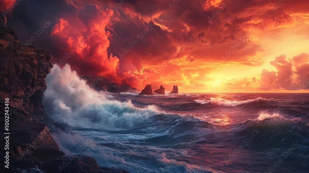 Fototapeta premium The coastline features rugged cliffs with waves crashing against them, illuminated by a vibrant sunset. Dark clouds create a dramatic backdrop to the scene